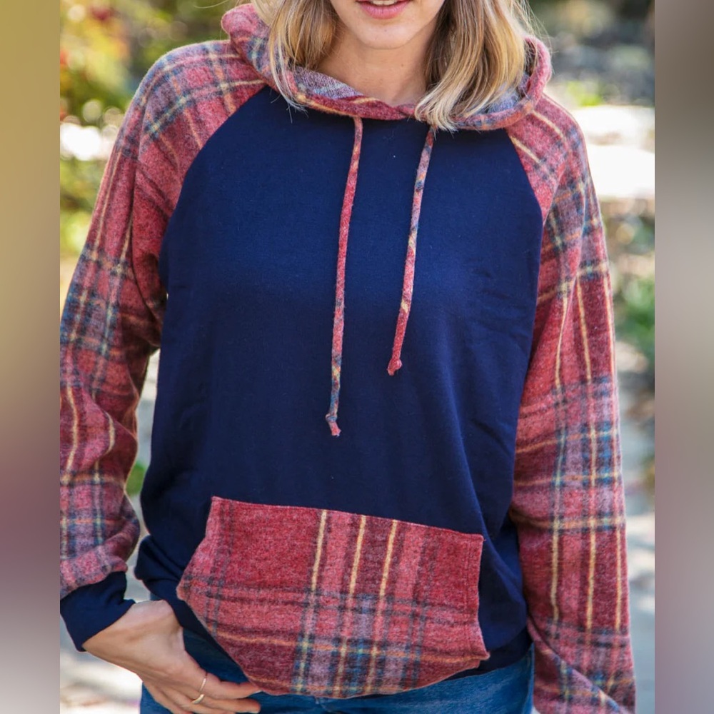 Navy Blue Cashmere Feel Fall Plaid Hooded Top, Size small - Picture 1 of 8